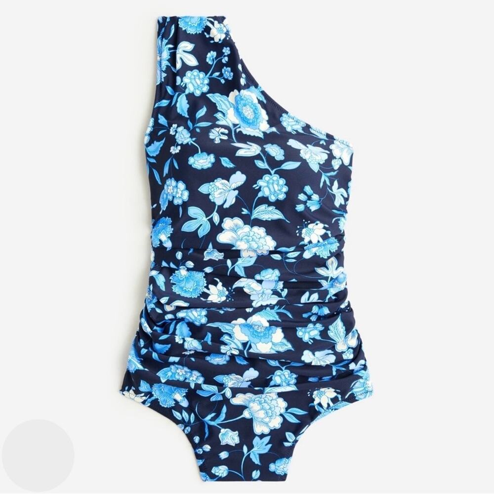 J. Crew Ruched One-Shoulder One-Piece Swimsuit Blue Floral Women's 22 BM459 $118